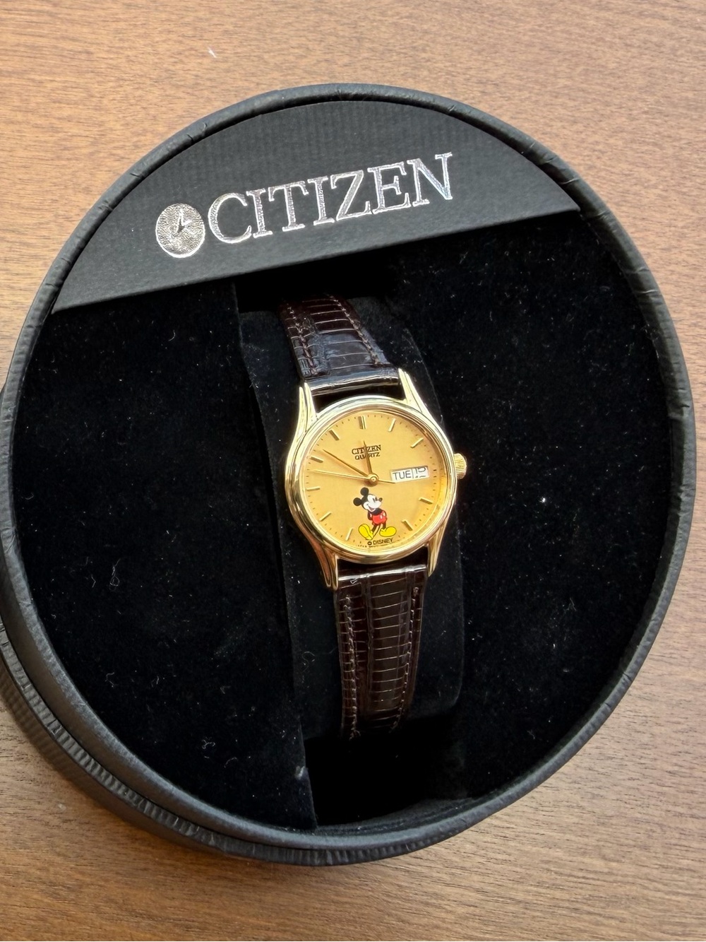 Citizen Disney Gold-Tone Watch with Brown Leather Strap and Yellow Dial